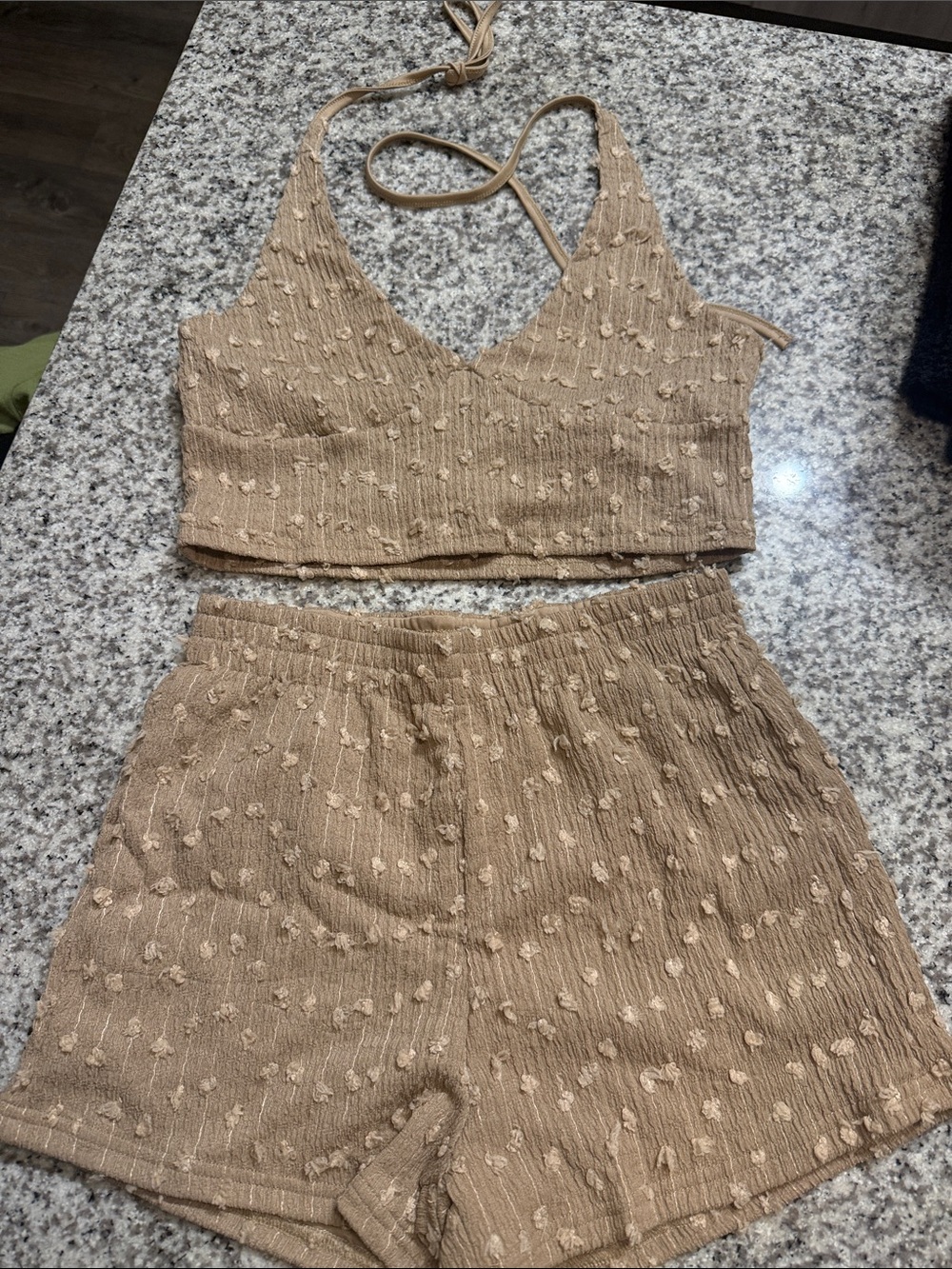 SHEIN Beige Textured Crop Top and Shorts Set
